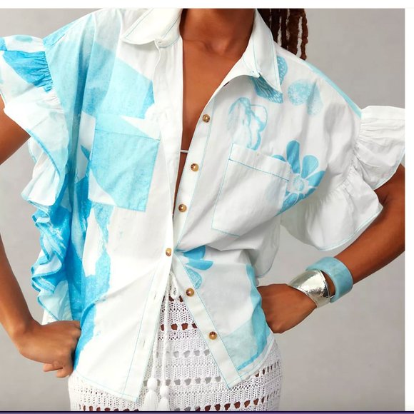 Anthropologie Tops - Anthropologie Anne Guest For Pilcro Cyanotype Ruffle-Sleeve Top